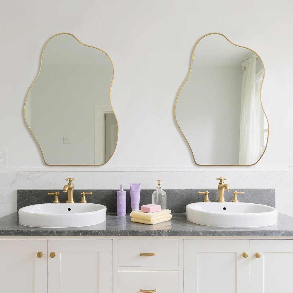 Irregular Asymmetrical Wall Mirror, 28" x 20" Gold Bathroom Mirror