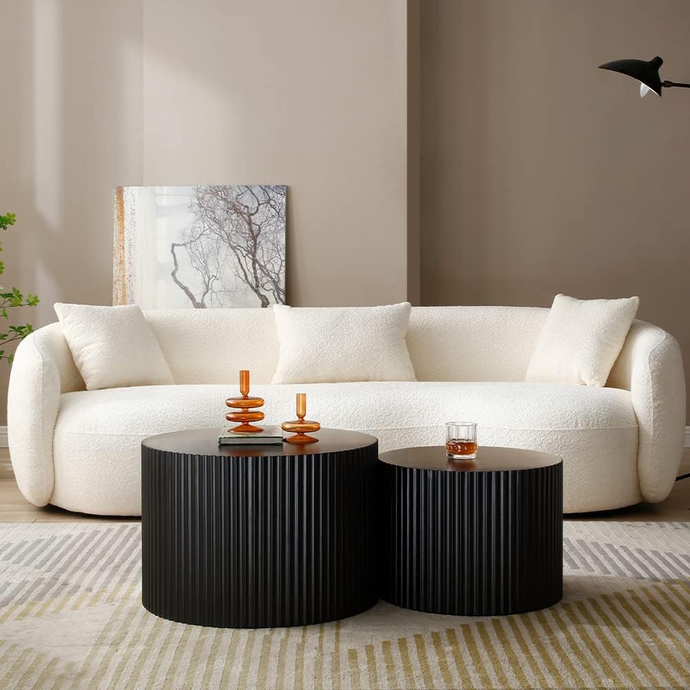 WILLIAMSPACE Black Round Nesting Coffee Table Set of 2, Modern Wooden Center ...