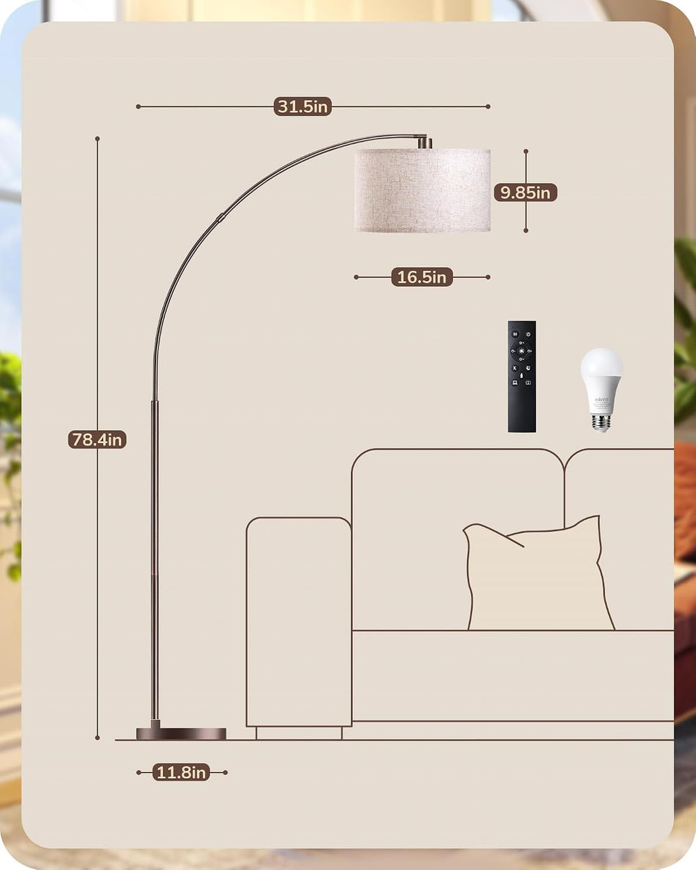 EDISHINE Bronze Modern Floor Lamp with Remote, 78.3" Tall Arc Standing Lamp