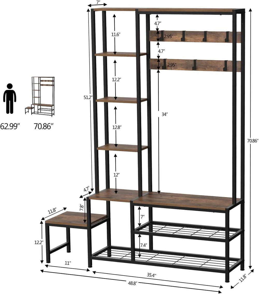 Hall Tree with Shoe Storage Bench, Coat Rack with 7 Hooks & Shelves