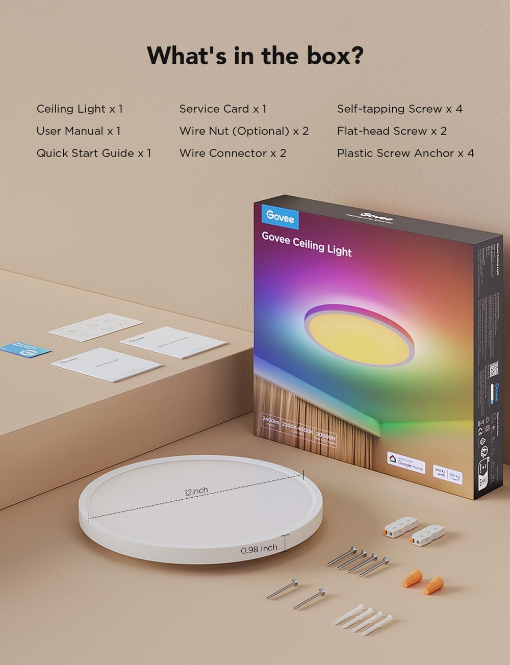 Govee Smart Ceiling Light, RGBIC 2400LM 2700K-6500K 12 Inch 1 Pack White