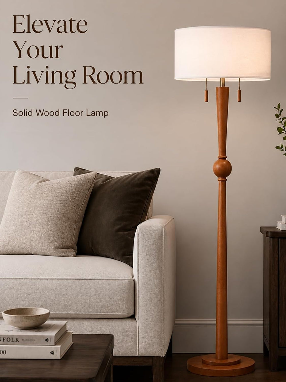 MOFFE Solid Wood Floor Lamp for Living Room,Pull Chains Standing Lamp