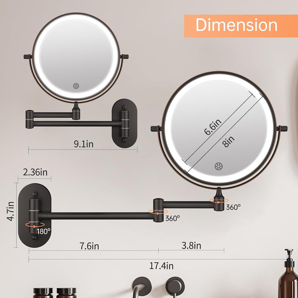 5000mAh Rechargeable Wall Mounted Lighted Makeup Mirror Double Sided 1X30X