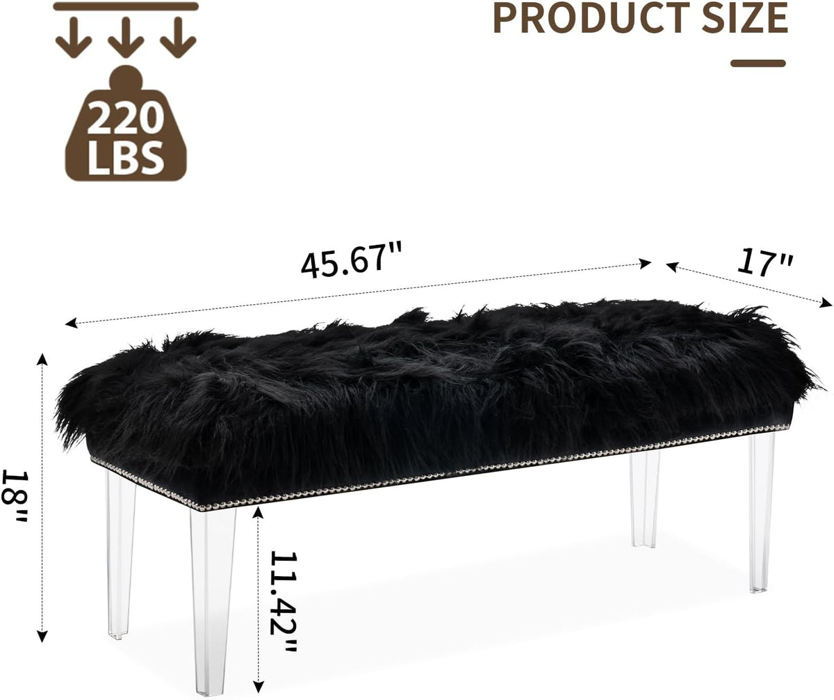 Modern Black Faux Fur Ottoman Bench - Upholstered Furry Bench with Acrylic Legs for Bedroom, Living Room, Entryway, Vanity or Bed End