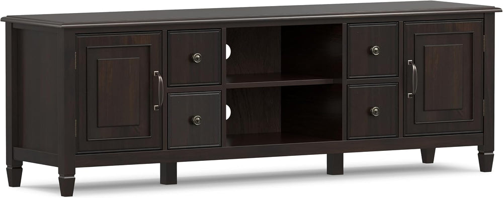 SIMPLIHOME Connaught 72" Wide Solid Wood TV Stand in Dark Chestnut Brown