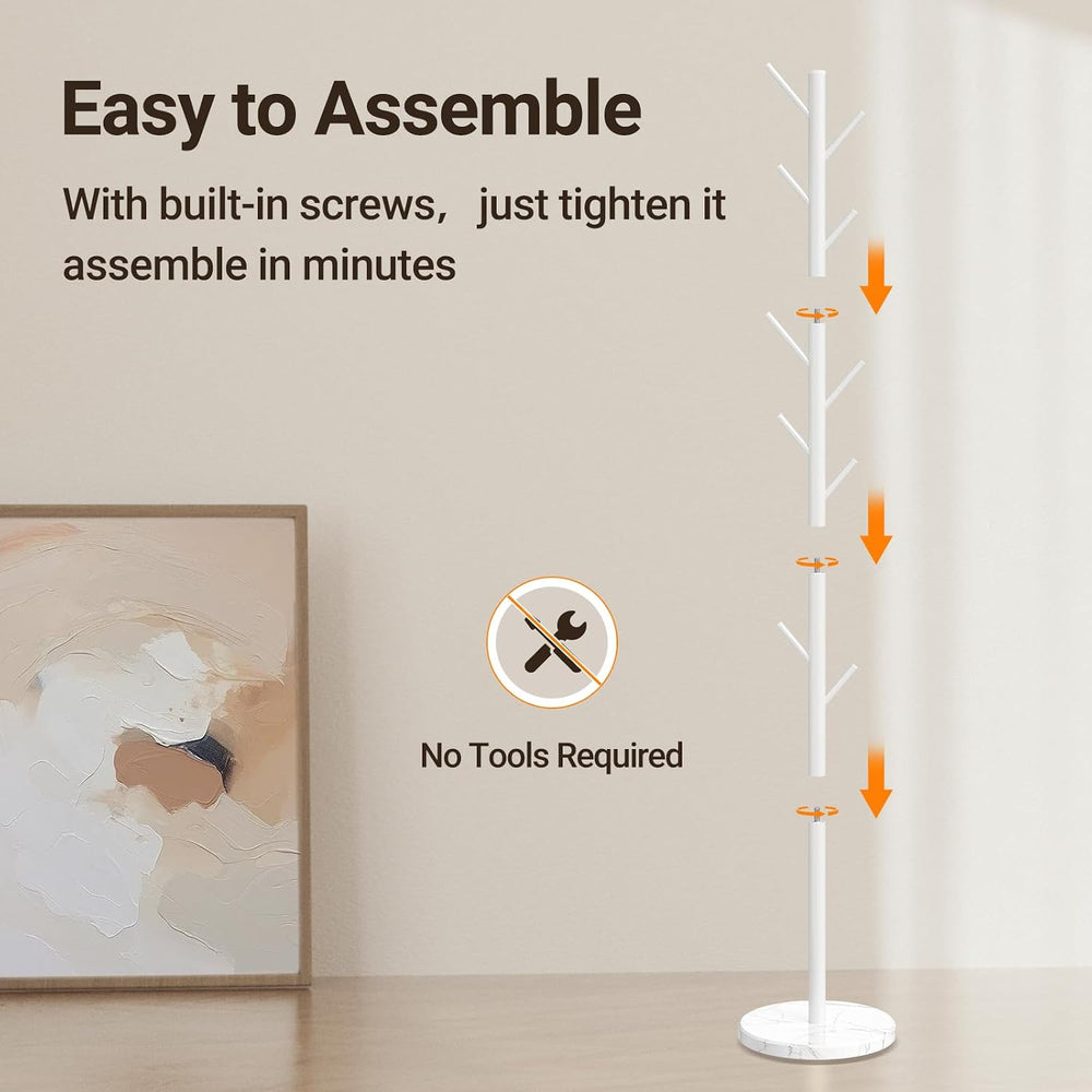 Coat Rack Freestanding, Metal Coat Rack with Natural Marble Base, White