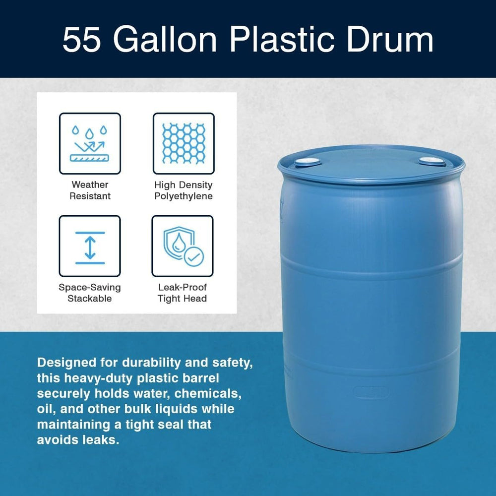 Bushman 55 Gallon Plastic Drum, Stackable Industrial Storage Barrel, Blue