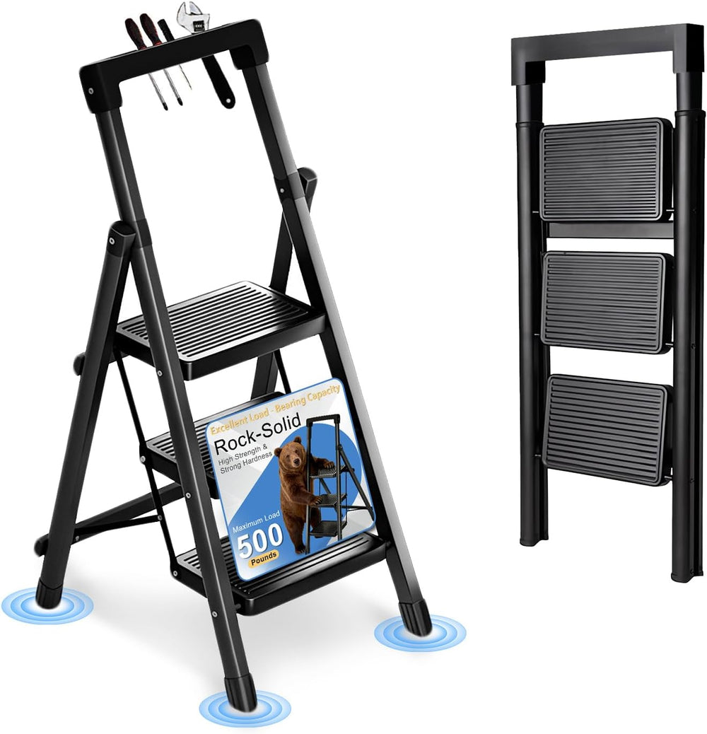 3 Step Ladder with Handrail Folding Step Stool with Tool Tray