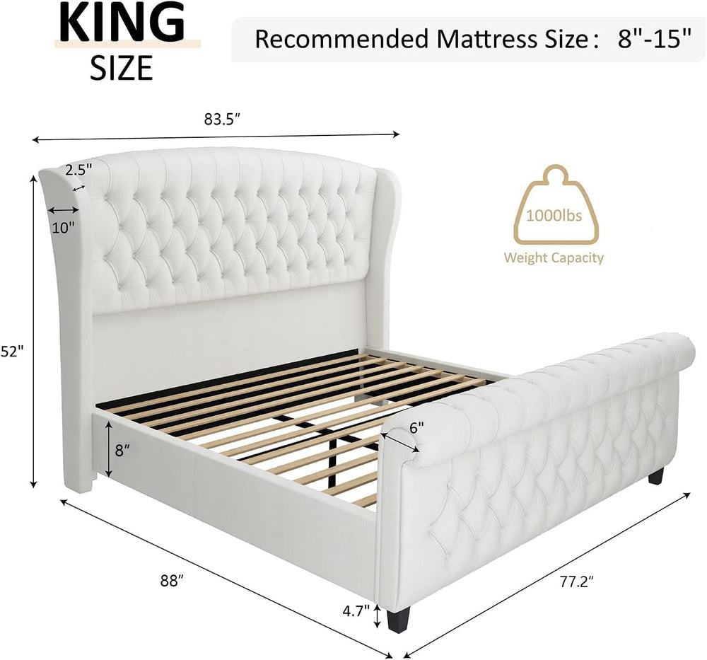 AMERLIFE King Size Upholstered Sleigh Platform Bed Frame with Headboard