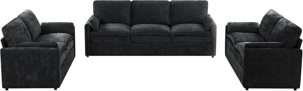 3 Pieces Chenille Sofa Set w/Two Arm Pillows, Black