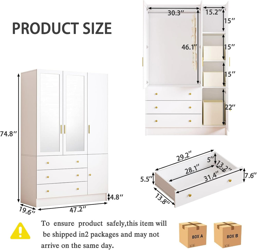 75" Tall 3 Doors Armoire Wardrobe Closet with 3 Drawers, Wooden Wardrobe...
