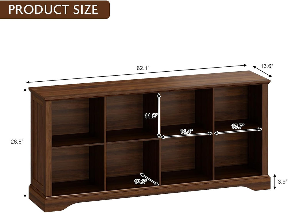 8 Cube Storage Organizer, 62" Long Low Horizontal Bookshelf,Walnut