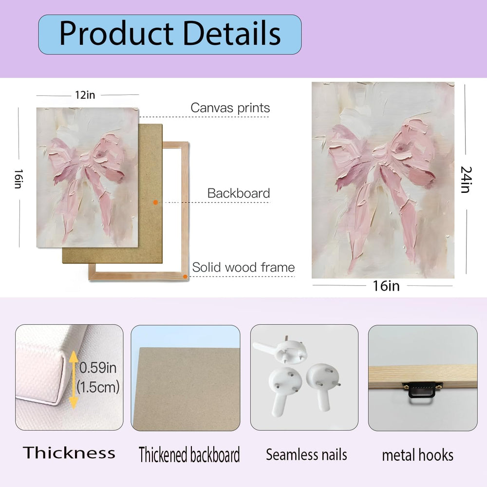 Pink Bow Canvas Wall Art Set of 3 Trendy Preppy Oil Painting Posters Wall Dec...