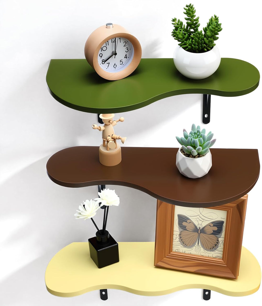 AceOrbit 3 Pcs Mid Century Floating Shelves Wavy Cloud Shelves Wooden Shelf L...
