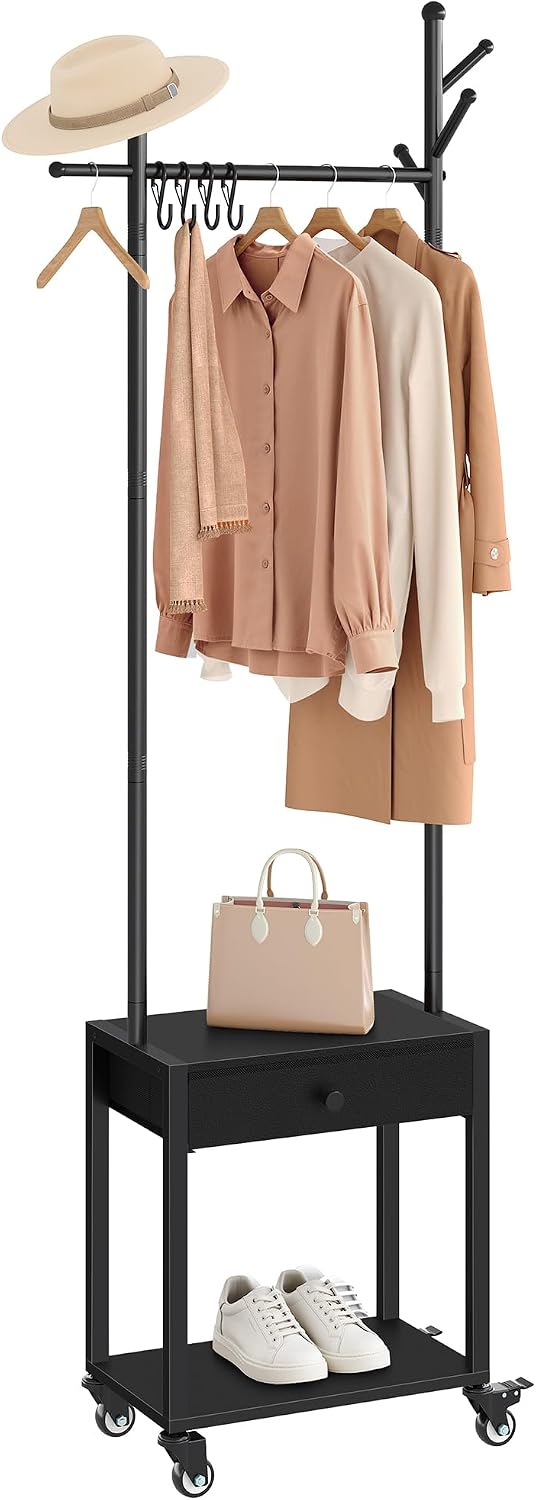 Tajsoon Coat Rack Stand with Lockable Wheel, Wooden Coat Stand with Drawer