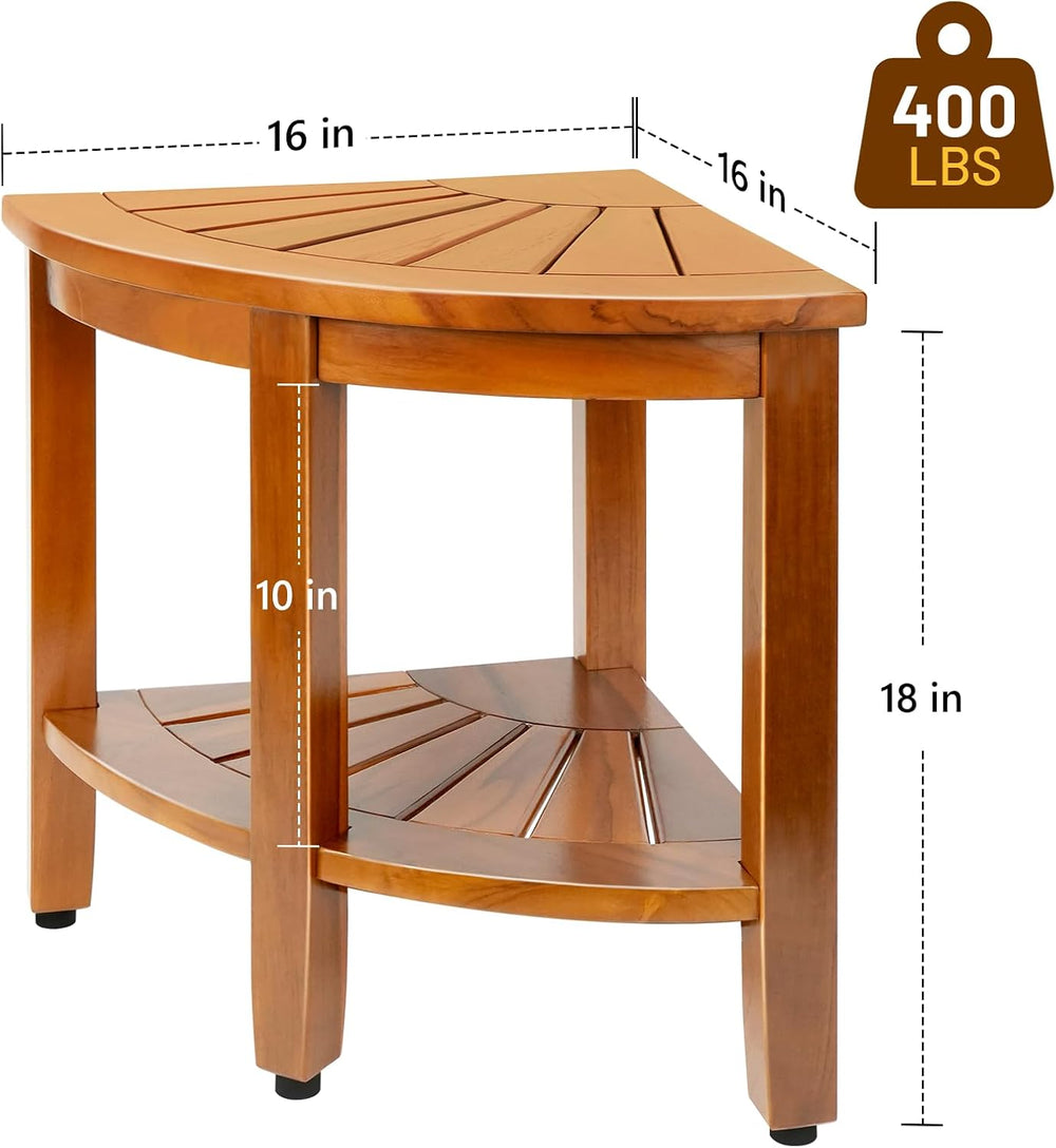 18" Premium Teak Corner Shower Bench with Shelf, Solid Teak Shower Stool...
