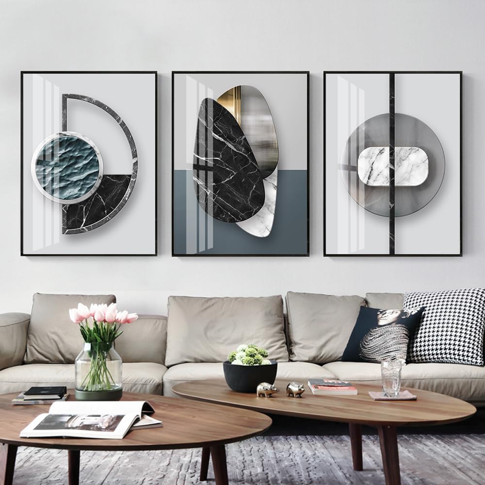 QKF 3Pcs Abstract Marble Geometric Crystal Surface Framed Canvas Wall Art