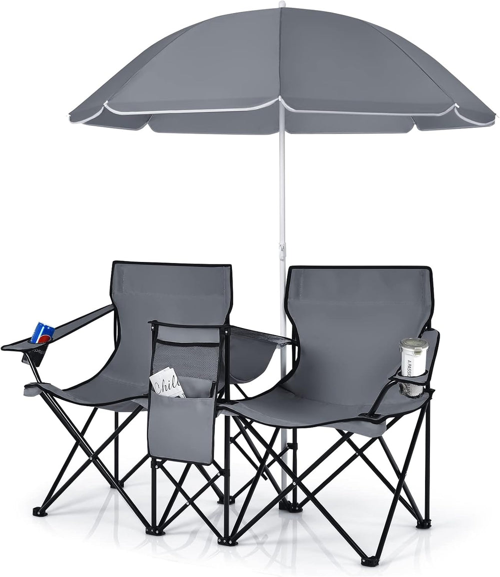COSTWAY Folding 2 Seater Camping Chair with Parasol and Cooler, Grey