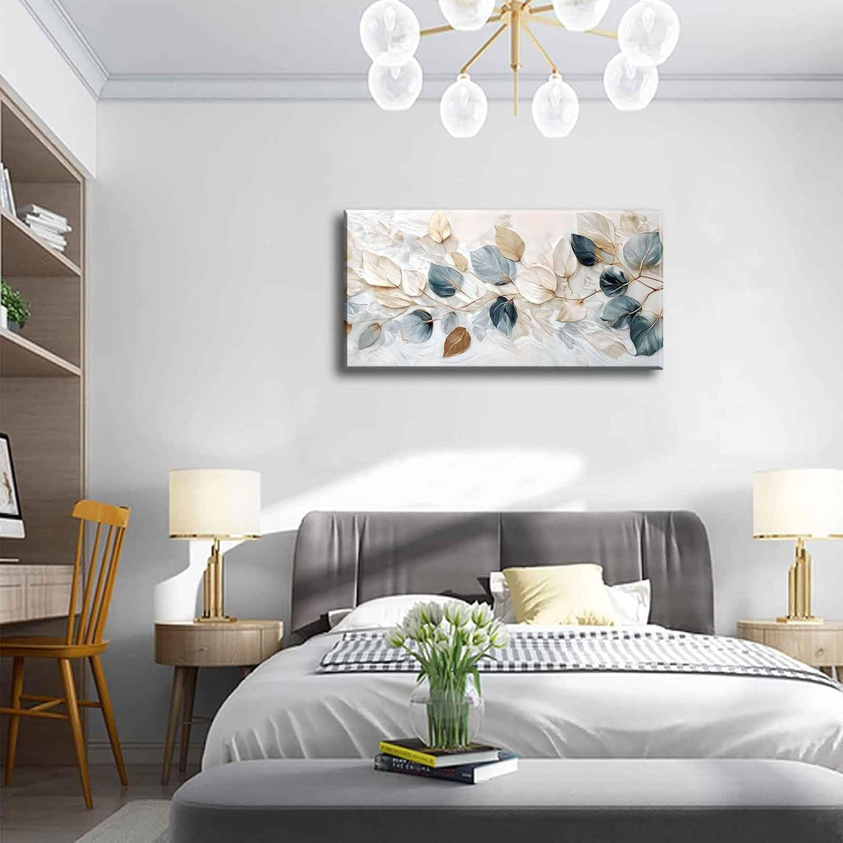 Large Living Eucalyptus Leaf Canvas Wall Art Teal White Botanical Abstract Decor painting Pictures Modern Nordic Plant Flowers Posters Prints for Bathroom Bedroom Office Hallway Home Decoration
