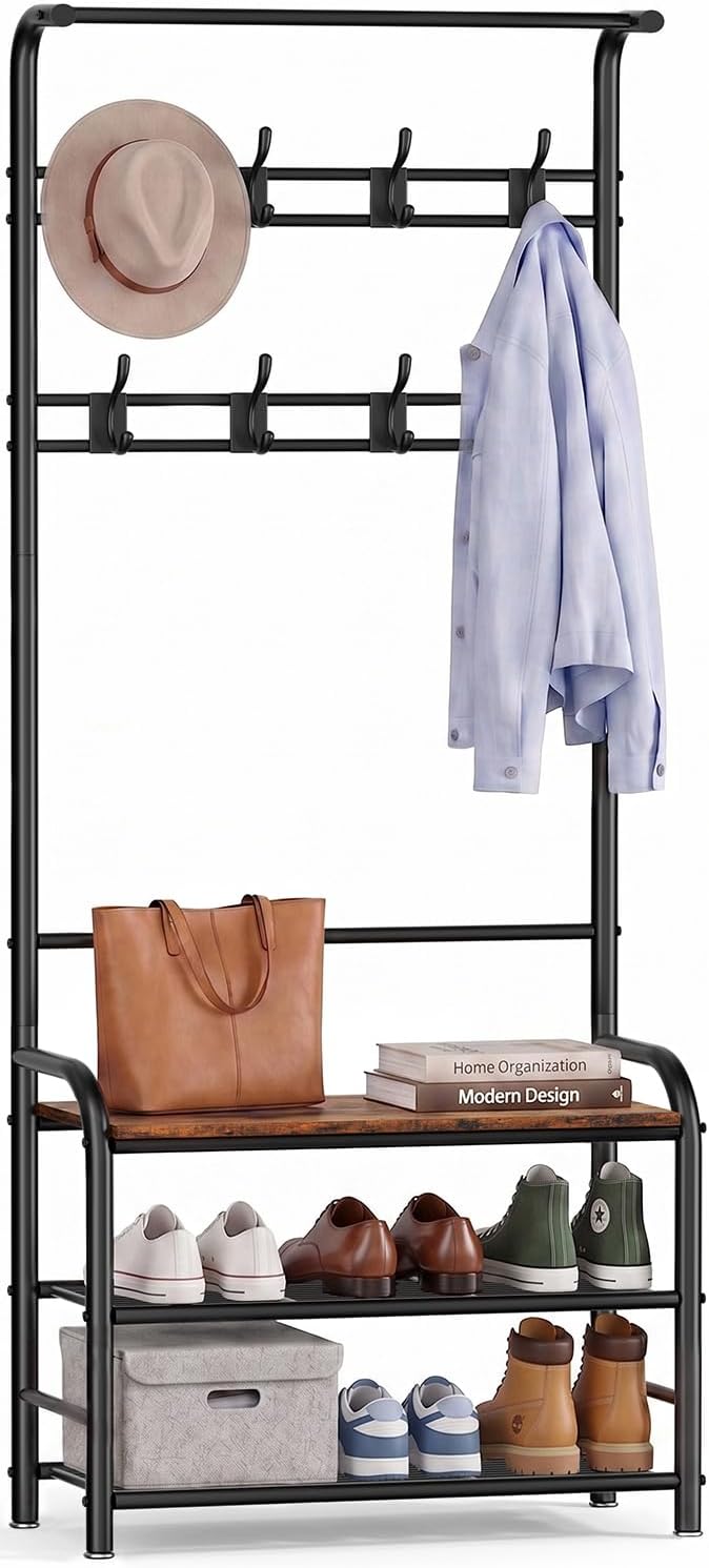 Hall Tree with Shoe Bench, 4-in-1 Entryway Coat Rack
