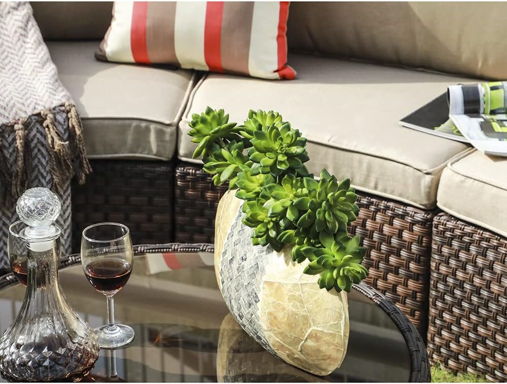 SUNSITT 28" Round Wicker Outdoor Coffee Table with Tempered Glass Top Brown
