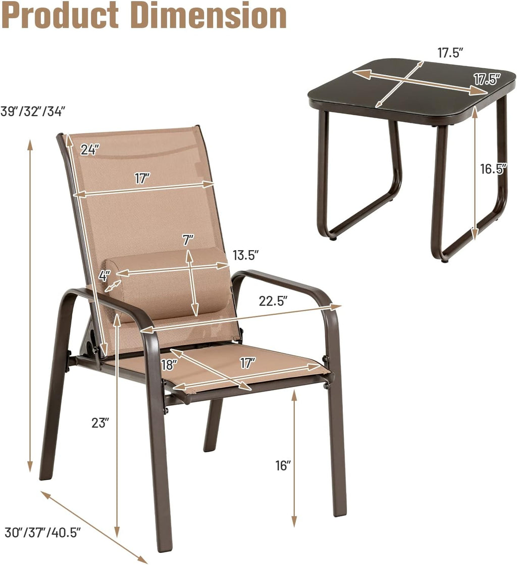Tangkula Outdoor Bistro Set, 3 Pieces Patio Recliner Stackable Chairs with Adjustable & Folding Backrest, Removable Headrest and Tempered Glass Coffee Table Set, Patio Conversation Set (Brown)