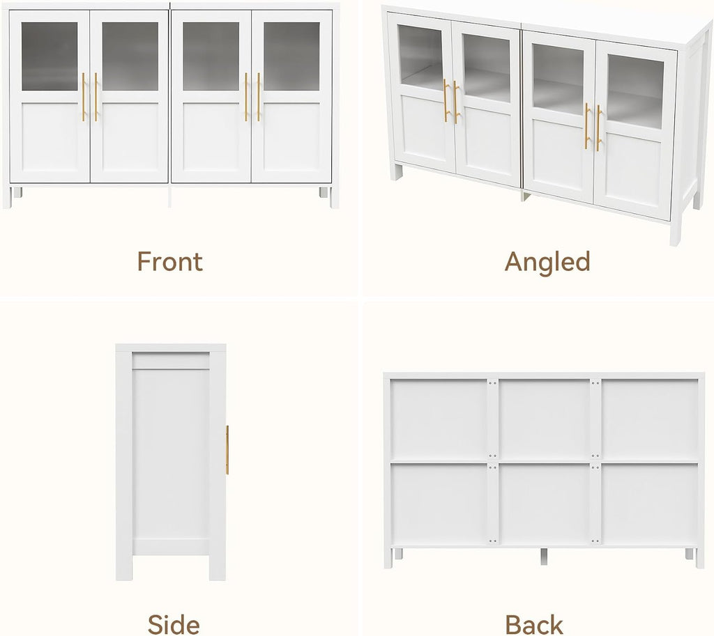 55" Sideboard Cabinet with Glass Doors, Large Buffet Cabinet with Storage and Shelves, Modern Accent Console Table for Dining Room Living Room Entryway (White a)