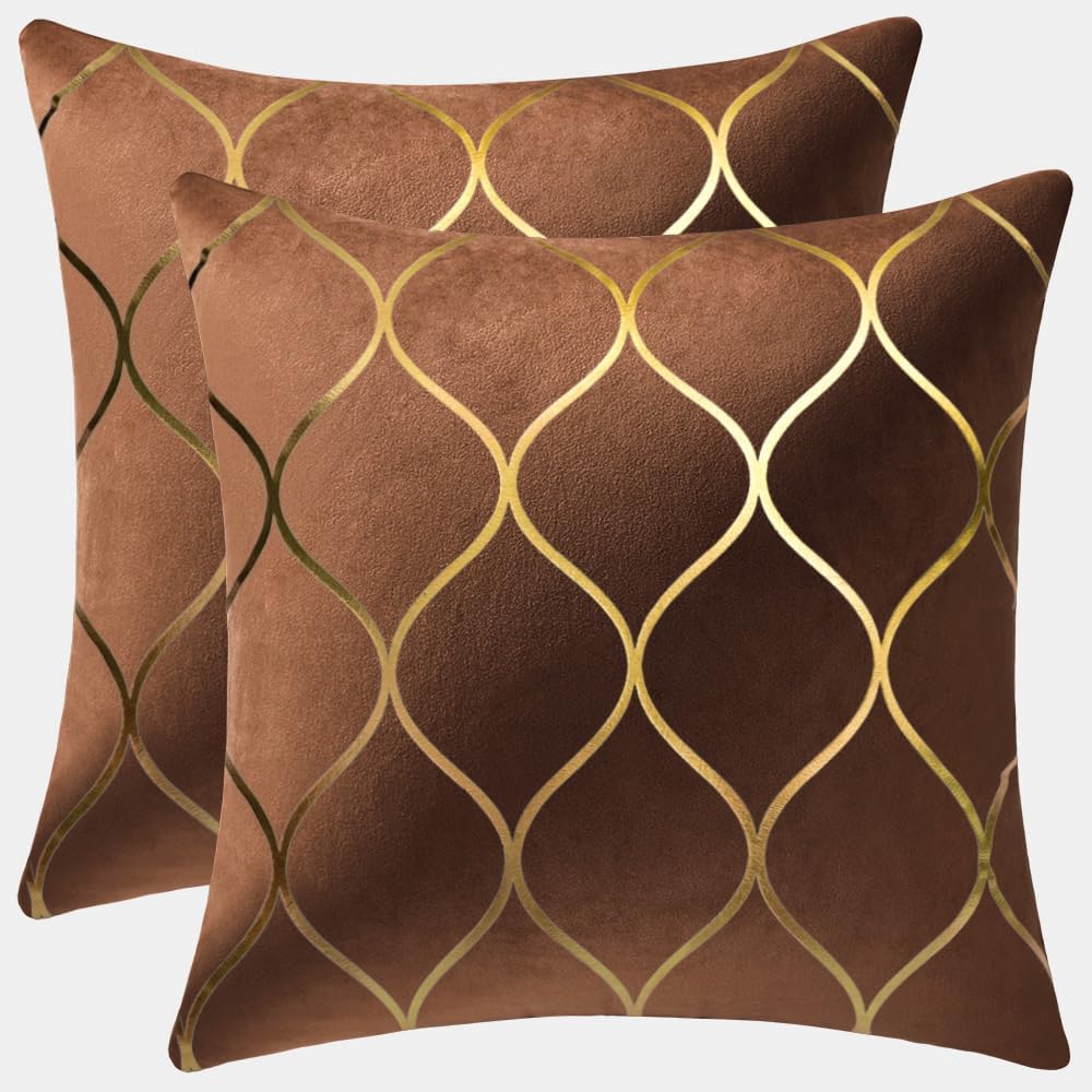 DEZENE Gold Velvet Throw Pillow Covers: 2 Pack 24x24 Inch Square Decorative P...