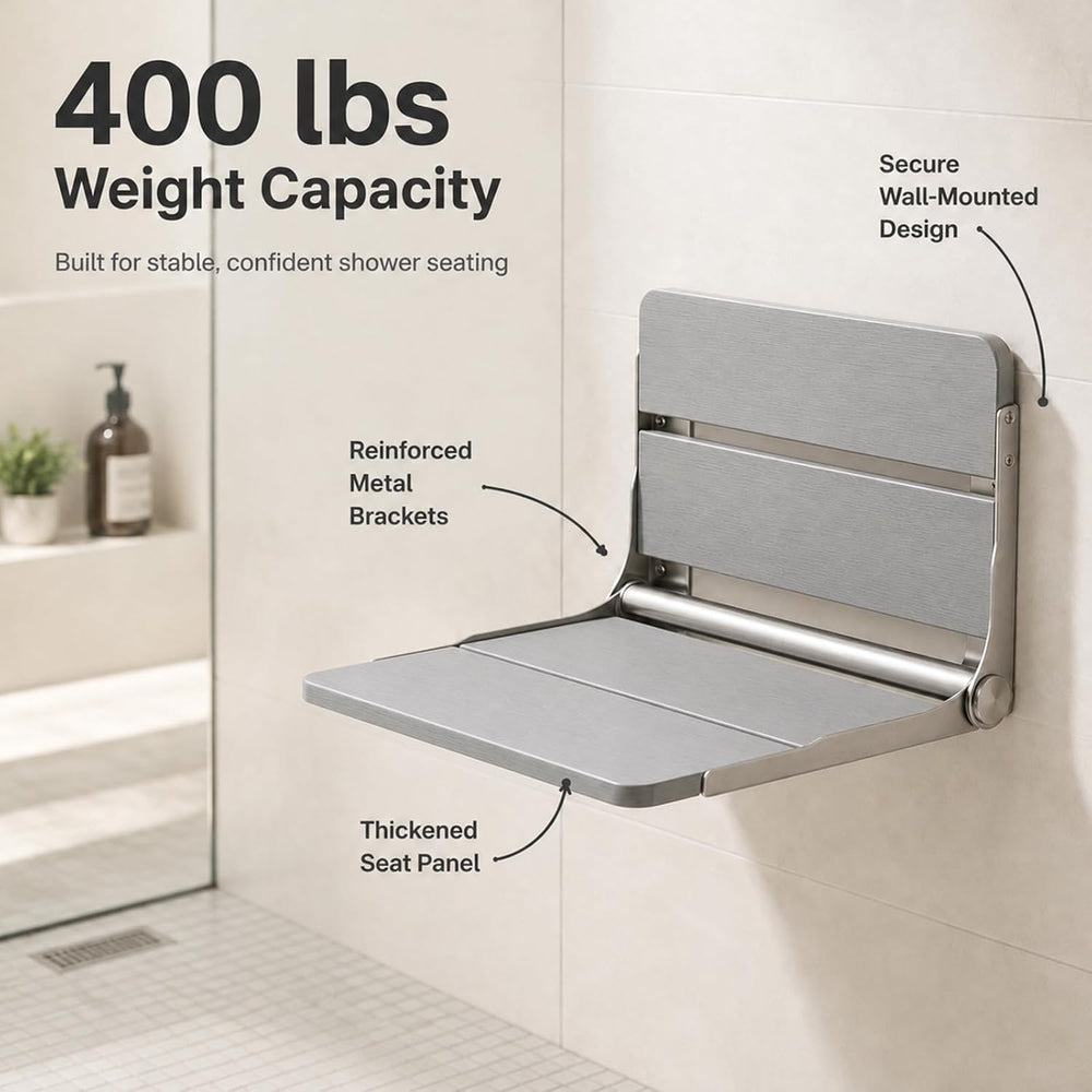 400 lbs Capacity Upgraded Wide Bracket Wall Mounted Folding Shower Seat, Heav...