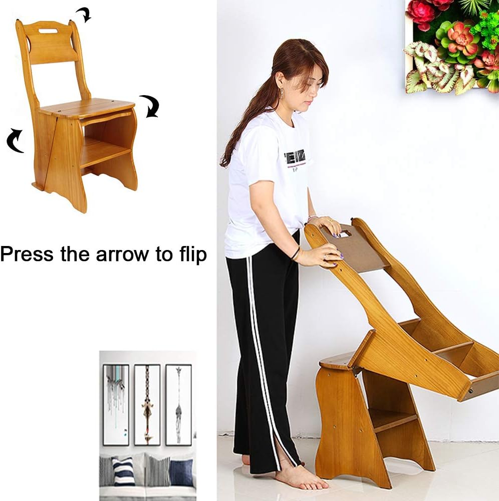 Wooden Folding Library Ladder Chair,2 in 1 Lightweight Portable Multifunction...