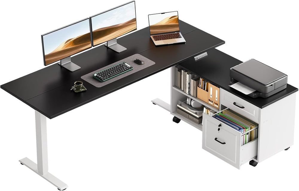 OffiGo 55" L Shaped Electric Standing Desk with Cabinet Sets, Black/White