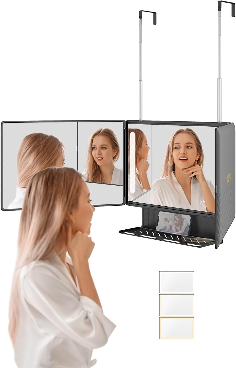Dripex 3 Way Mirror with Lights & Storage Shelf, Trifold Haircut 360 Mirror