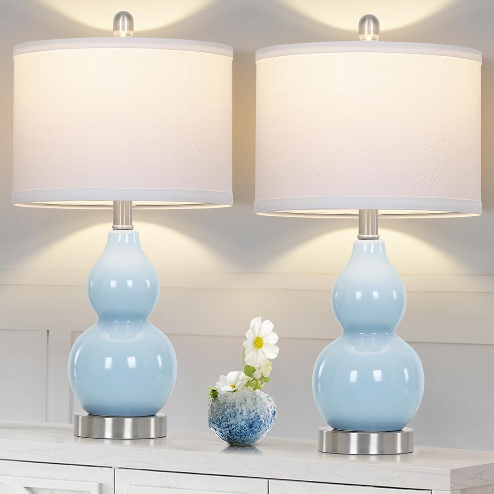 22" Double Gourd Ceramic Table Lamps Set of 2, Blue Modern Bedside Lamps...