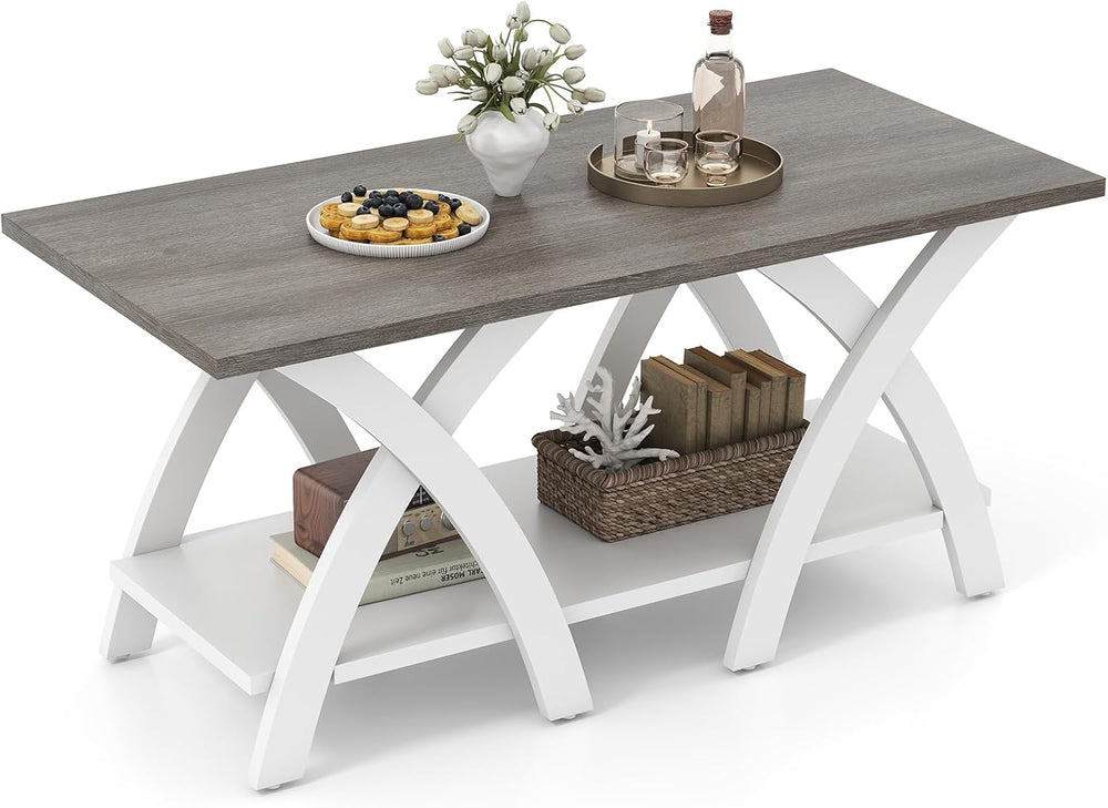 GIANTEX Farmhouse Coffee Table, 2-Tier Wood Center Table with Storage Shelf &...
