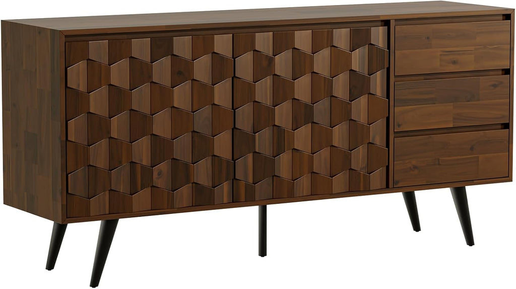 Bme Sideboard Georgina Solid Wood 2 Doors & 3 Drawers, 61'' Mid Century Modern Cabinet with Geometric Pattern for Kitchen, Dining, Living Room