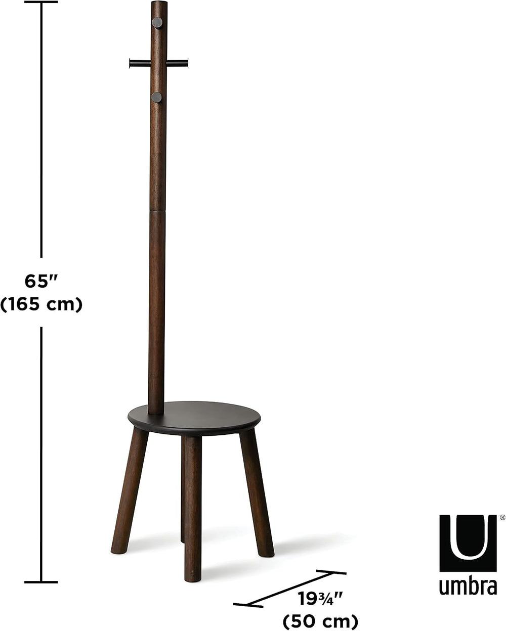 Umbra Pillar Coat Rack with Stool, Freestanding 6 Hooks, Black/Walnut