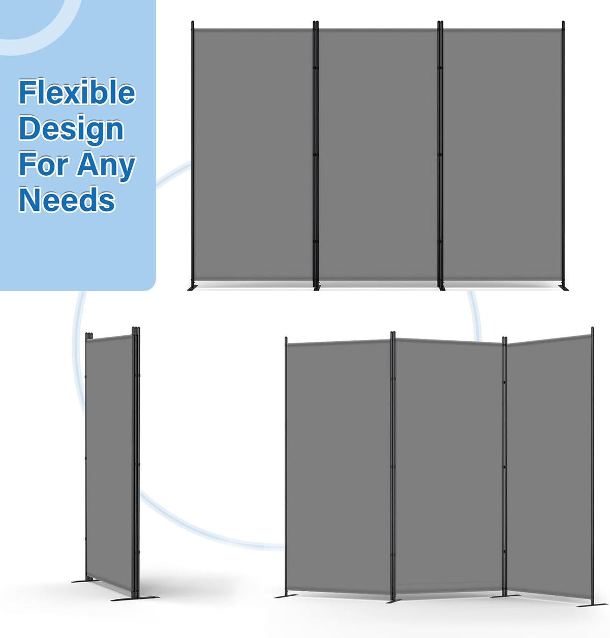 AKTOP 3 Panel Room Divider, 103" W x 70" H Folding Privacy Screen, Grey