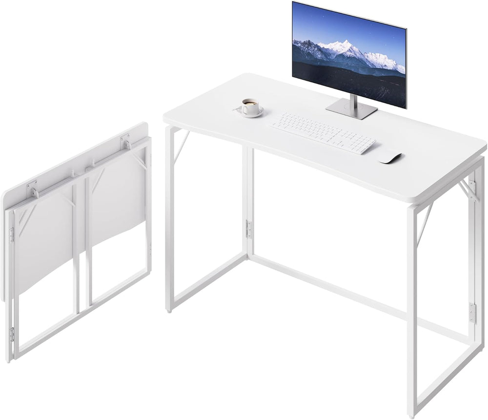 JOYMOOP 40" White Folding Desk, No Assembly, Wooden Top, Middle Size