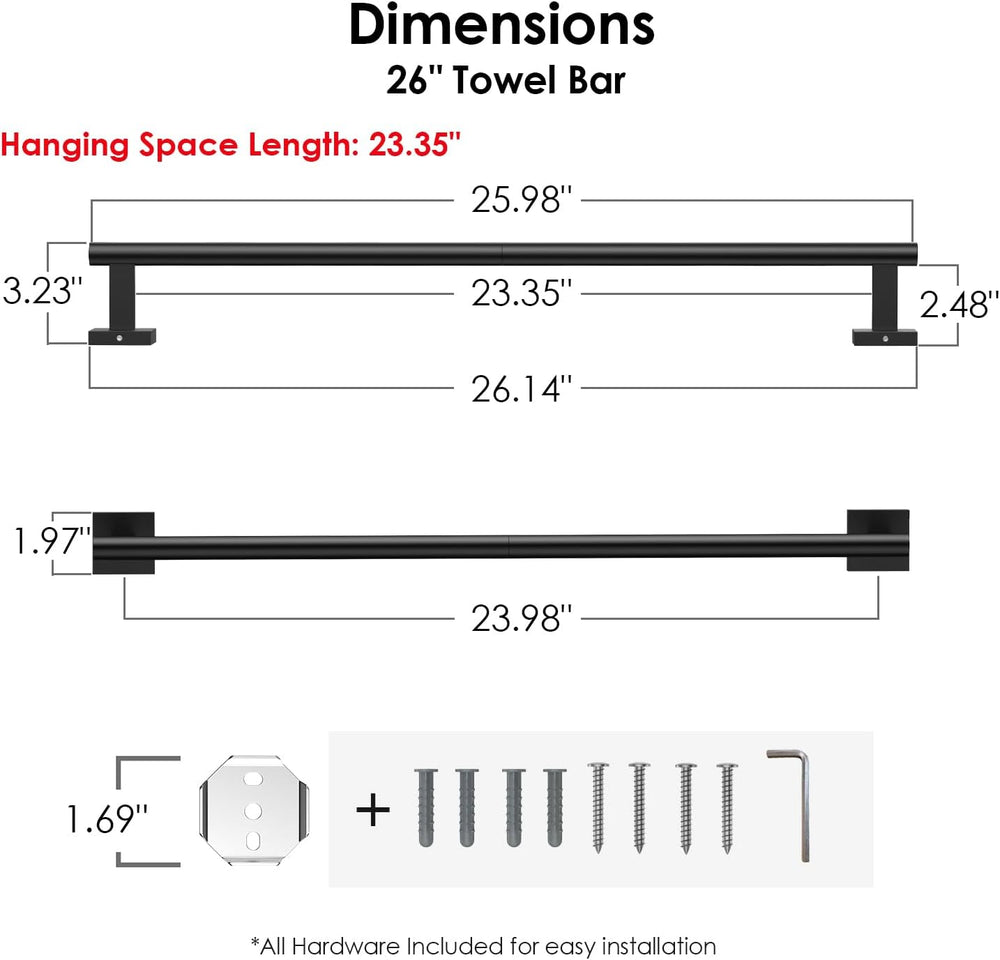 FORIOUS Towel Bar, 24 Inch Towel Racks for Bathroom Square Matte Black