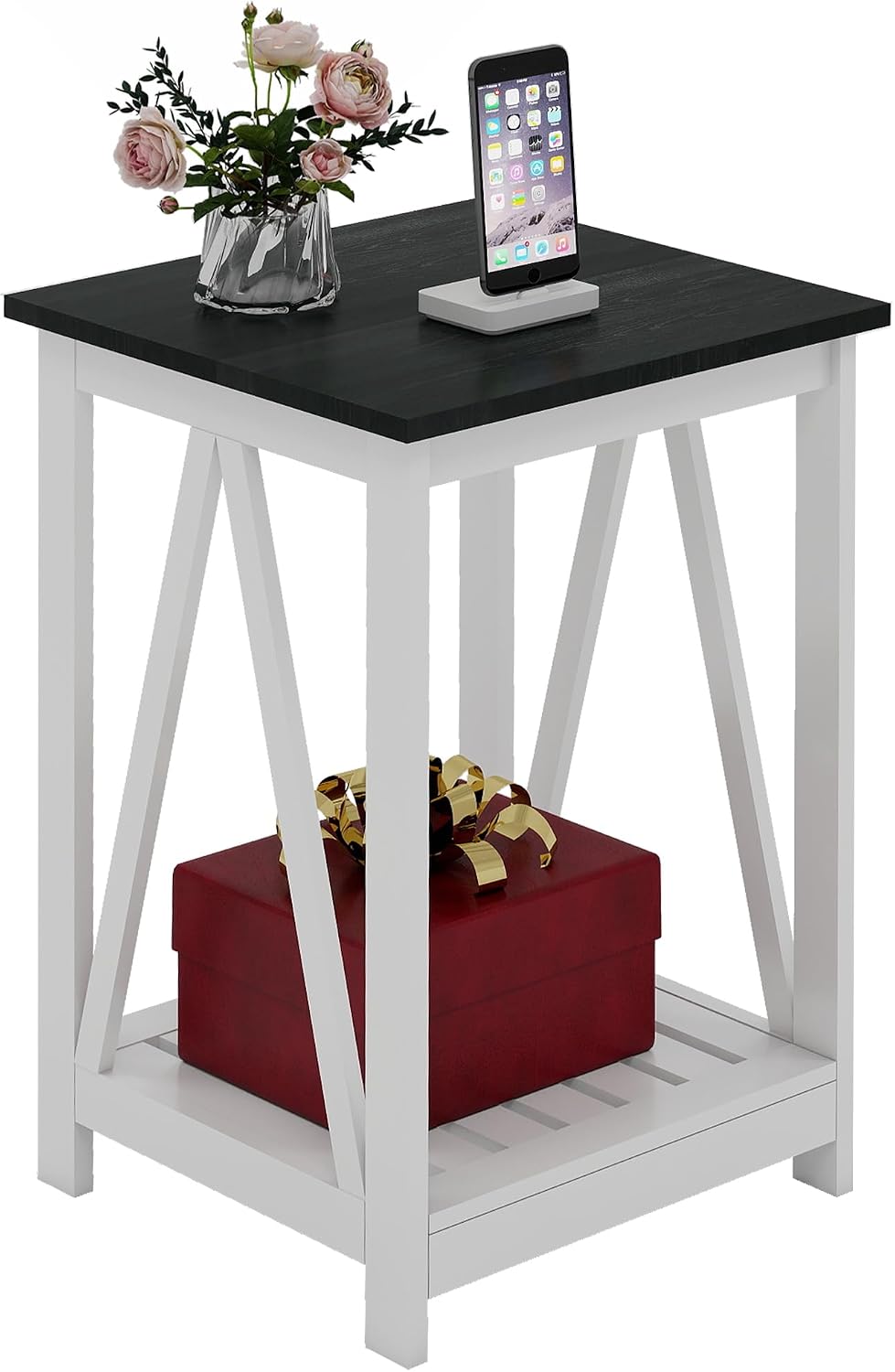 End Table, Farmhouse Square Side Table with Slat Shelf, 15.7" Black Top