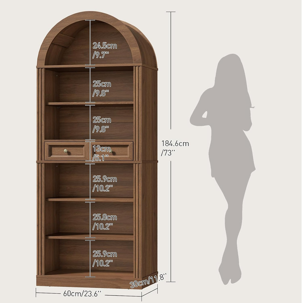 RALGEND Arched Bookshelf, 73" Tall Arch Bookcase with Drawer