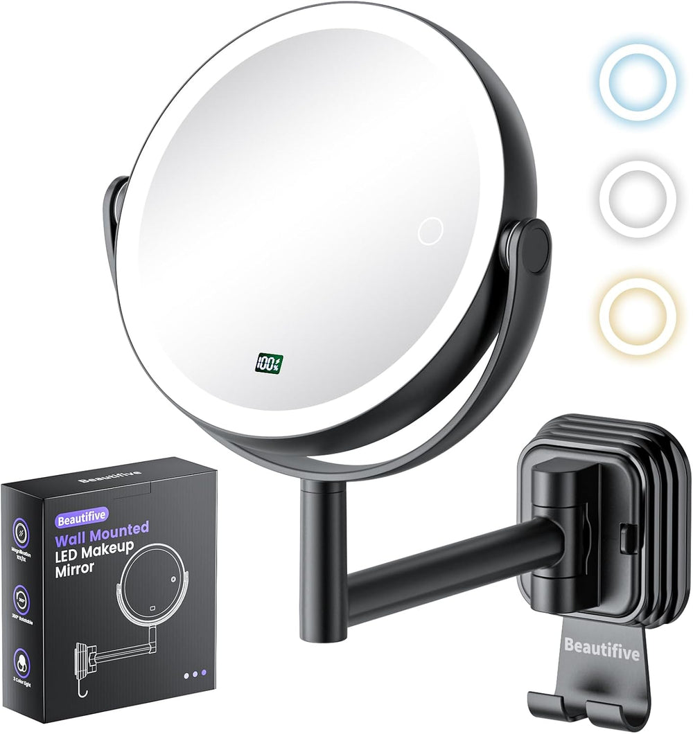 7" Rechargable Wall Mounted Lighted Makeup Mirror with 1X/10X Magnification