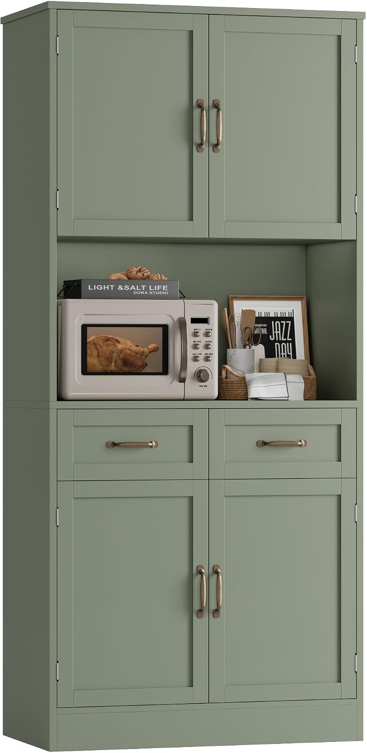 HOSTACK 71" Tall Kitchen Pantry Storage Cabinet, Wood Kitchen Hutch, Green