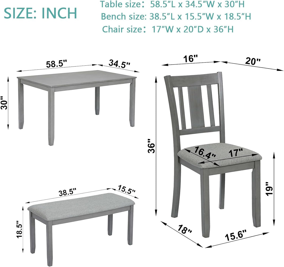 keiki 6-piece standard height dining table set with, side view