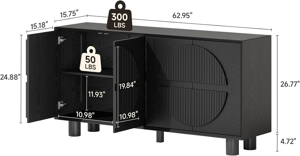 ONBRILL 63 Inch Fluted Buffet Cabinet w/Storage, Push-Spring Doors, Black