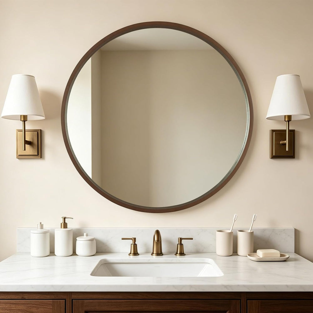 WallBeyond 36 Inch Round Wood Mirror, Large Circle Wooden Frame Wall Mirror f...