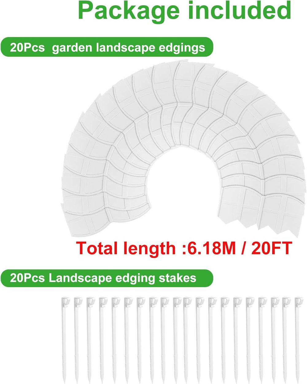 6 Inch Tall 20Ft White Landscape Edging Border with 7.8In Stakes,20Pcs