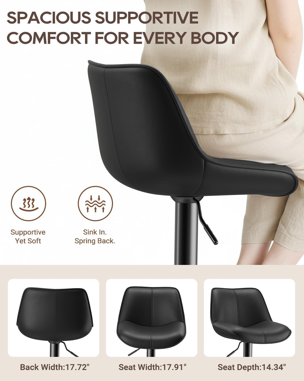Bar Stools Set of 4, Adjustable Swivel Faux Leather Barstools 26-34inch with ...