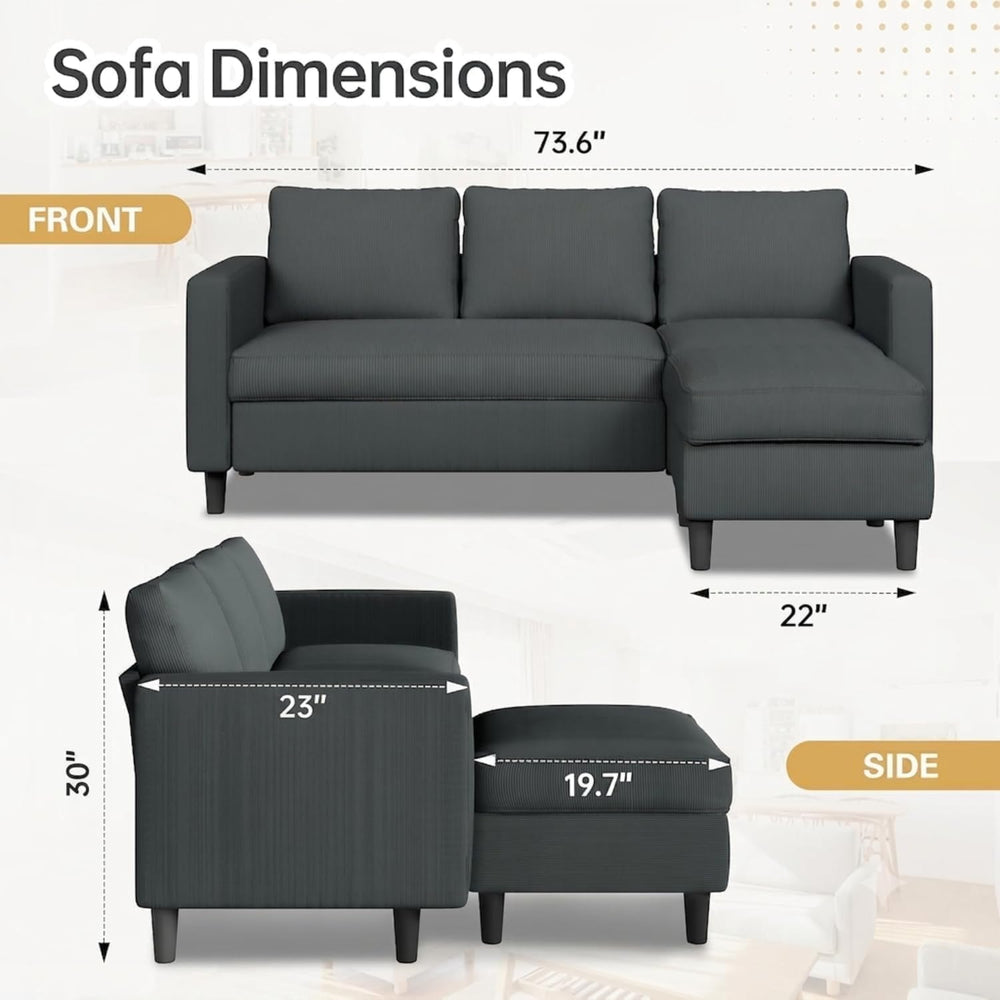 JAMFLY 3-Seat Reversible Sectional Sofa with Ottoman, Small Couch, Grey