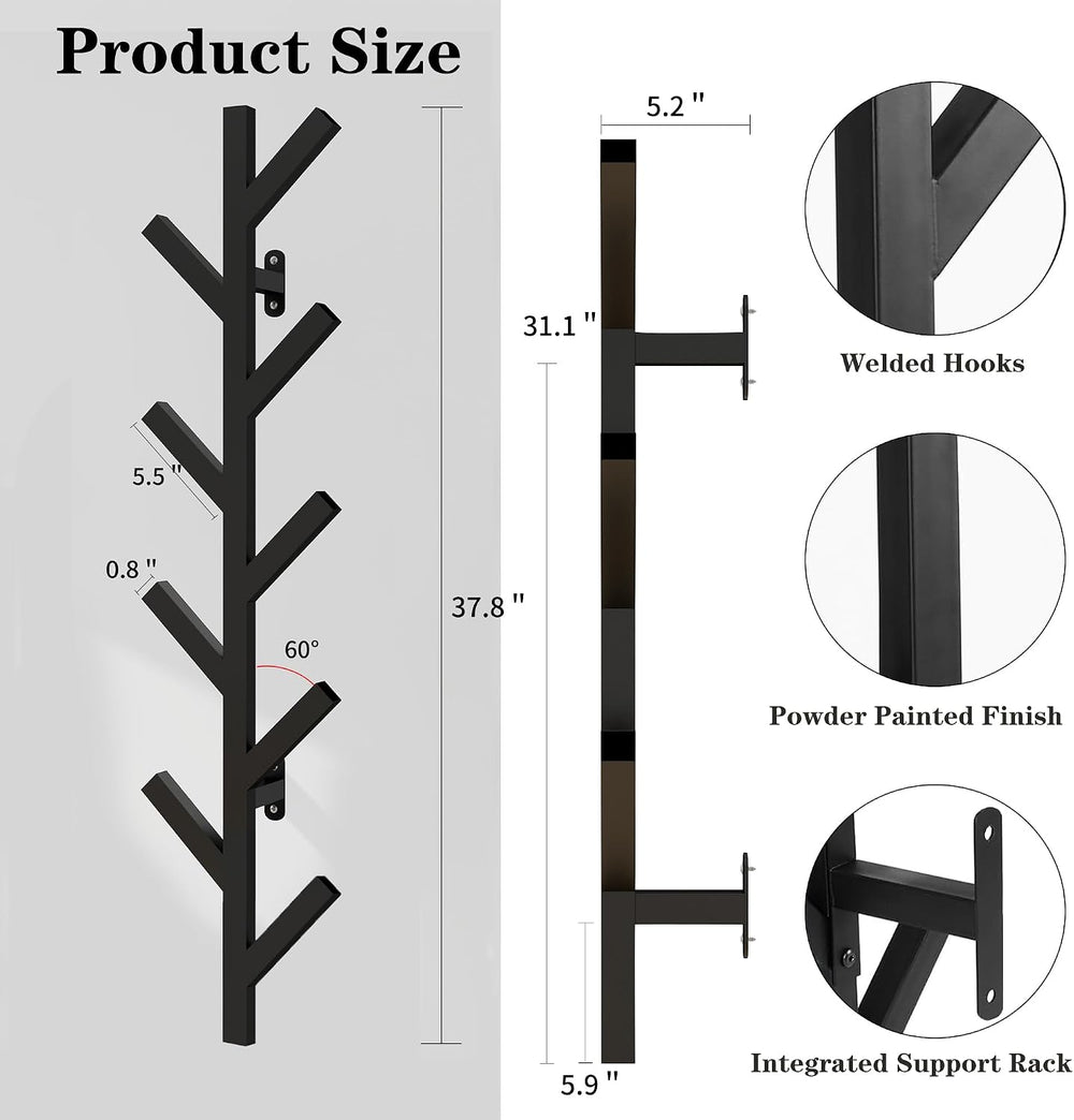 Prywot 2PK Vertical Hat Rack, Metal Coat Rack Wall Mounted, Black, 37.8"